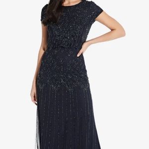 Adrianna Papell Dress | SHORT SLEEVE BLOUSON BEADED GOWN IN NAVY